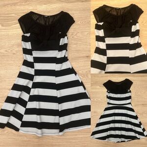 Papaya Black/White Striped Bow Front Mini Skater Dress